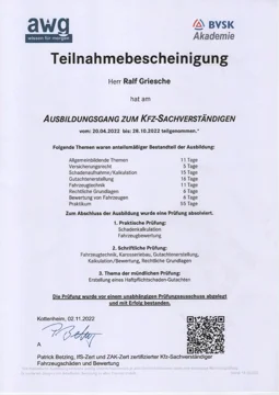 Teilnahmebescheinigung Ausbildungsgang zum Kfz-Sachverständigen von Ralf Griesche