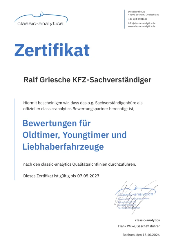 Classic-Analytics-Zertifikat für Ralf Griesche KFZ-Sachverständiger